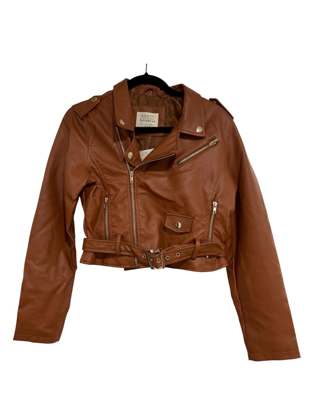 Ashley By 26 International Cropped Tan Faux Leather Moto Jacket